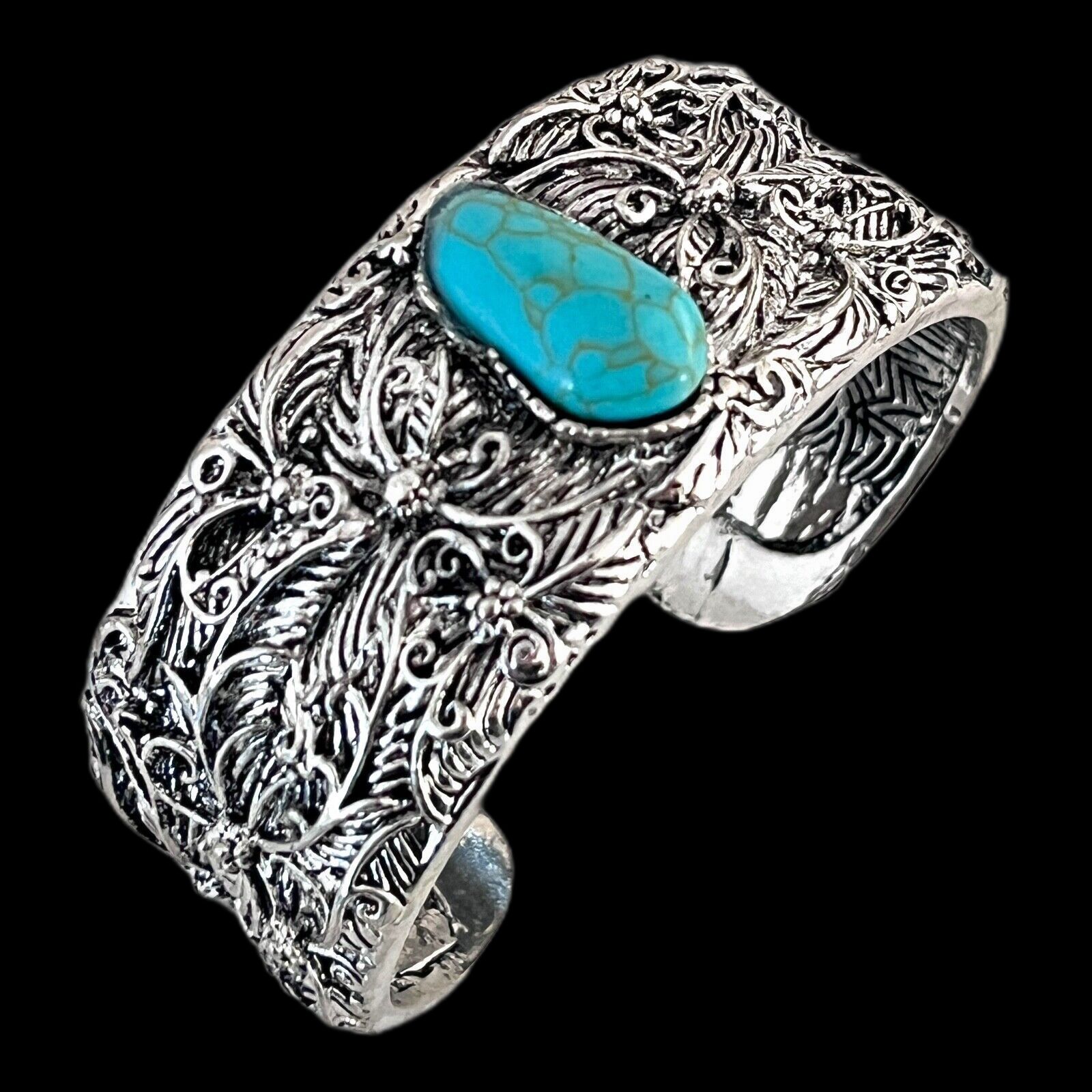 New Novadab Silver Tone Bracelet Ornate Design Turquoise Stone - Bb1